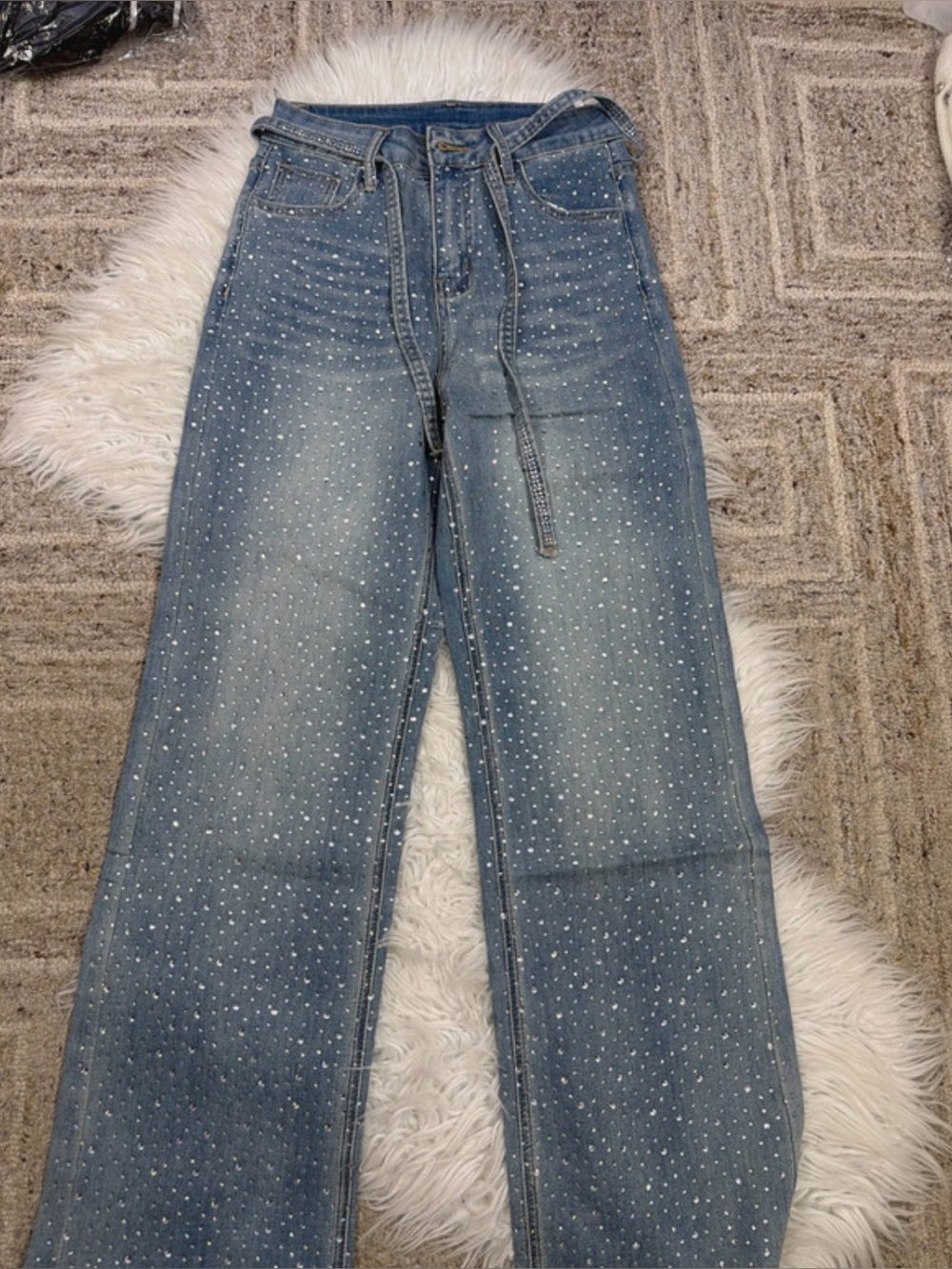 Embellished Light Blue Wide-Leg Jeans